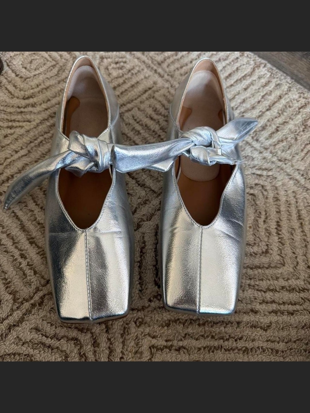 Metallic Silver Square-Toe Knot Strap Women’s Flats